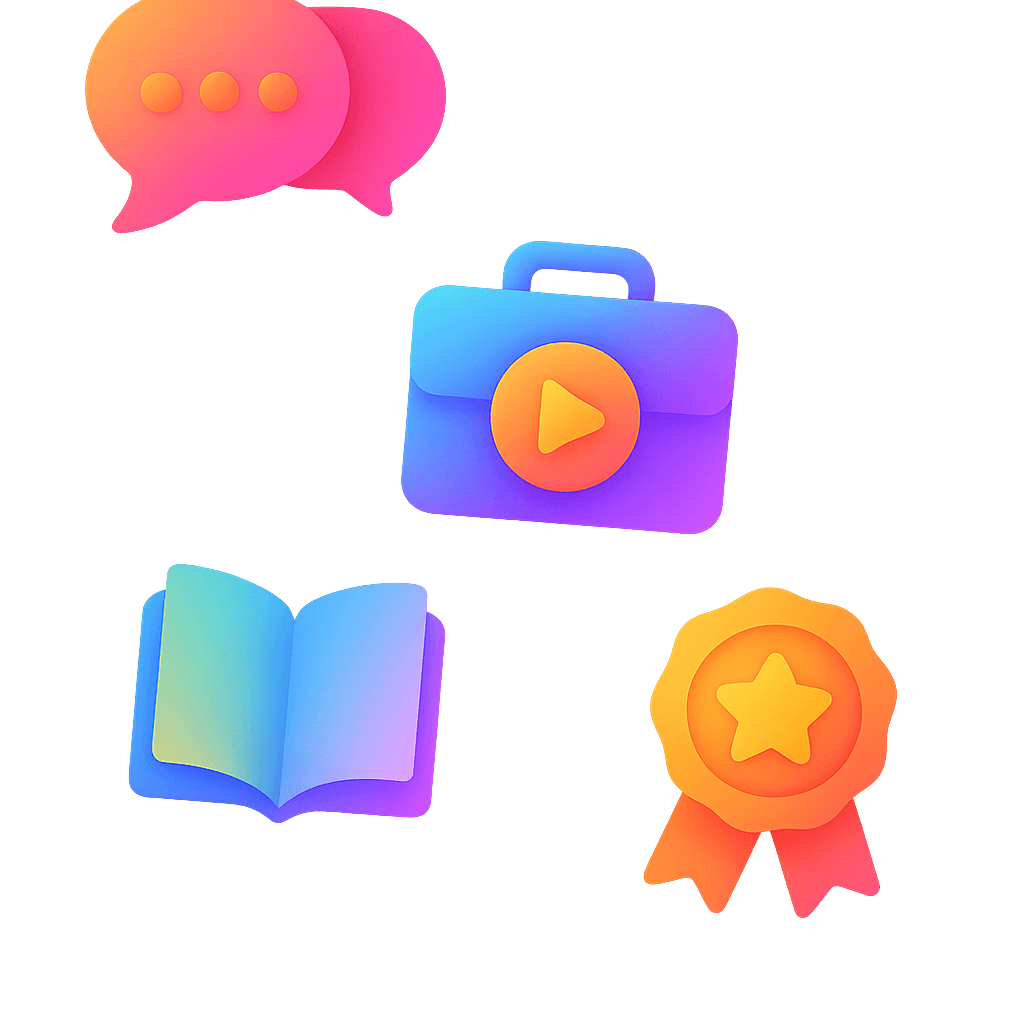 Illustrative icons representing talent benefits: collaboration, portfolio, and learning
